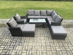 Rackhams Rattan Corner Sofa Garden Furniture Set with 2 Big Footstool Rectangular Coffee Table 2 Armchairs with Cushion Dark Grey Mixed - thumbnail 1