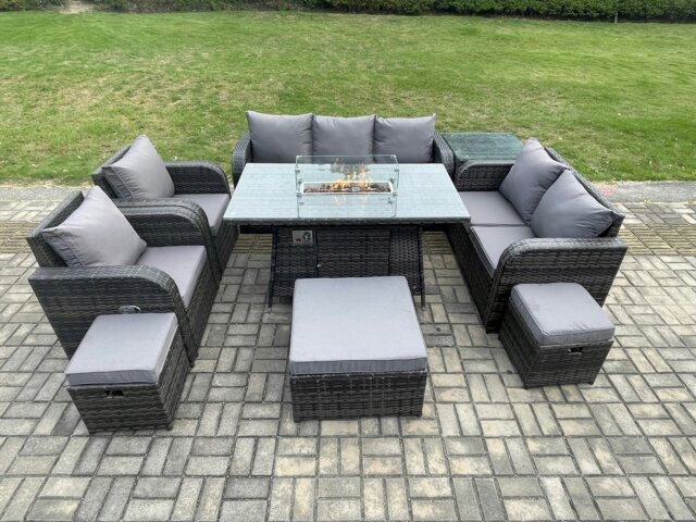 Rackhams Rattan Outdoor Garden Furniture Set with Gas Fire Pit Table, 2 x Sofas, 2 Chairs, 3 Footstools, 1 Side Table - 10 Seater - Dark Grey - image 1