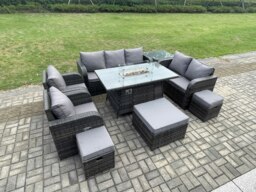 Rackhams Rattan Outdoor Garden Furniture Set with Gas Fire Pit Table, 2 x Sofas, 2 Chairs, 3 Footstools, 1 Side Table - 10 Seater - Dark Grey - thumbnail 2