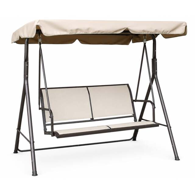 Rackhams Textoline & Steel 2 Seater Swing Seat with Adjustable Angled Canopy, Light Beige Textoline and Brown Steel Frame, Flat Pack - image 1