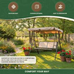 Rackhams Textoline & Steel 2 Seater Swing Seat with Adjustable Angled Canopy, Light Beige Textoline and Brown Steel Frame, Flat Pack - thumbnail 4