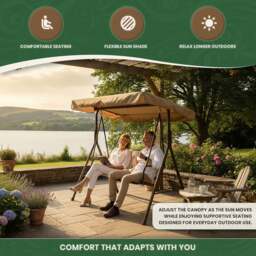 Rackhams Textoline & Steel 2 Seater Swing Seat with Adjustable Angled Canopy, Light Beige Textoline and Brown Steel Frame, Flat Pack - thumbnail 3