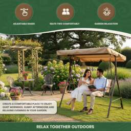 Rackhams Textoline & Steel 2 Seater Swing Seat with Adjustable Angled Canopy, Light Beige Textoline and Brown Steel Frame, Flat Pack - thumbnail 2