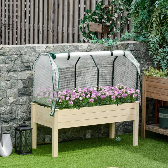 Rackhams Raised Garden Bed w/ PE Cover Patio Elevated Wood Planter Box Natural - Natural wood finish - Fir Wood, Steel, PE - 121cm x 55cm x 117cm - image 1