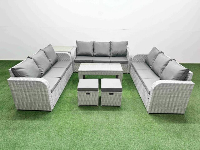 Rackhams PE Rattan Lounge Sofa Set 11 Seater Outdoor Garden Furniture Set with Oblong Coffee Table 3 Seater Sofa 2 Stools Side Table Light Grey - image 1
