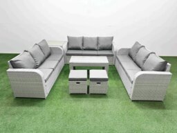 Rackhams PE Rattan Lounge Sofa Set 11 Seater Outdoor Garden Furniture Set with Oblong Coffee Table 3 Seater Sofa 2 Stools Side Table Light Grey - thumbnail 1