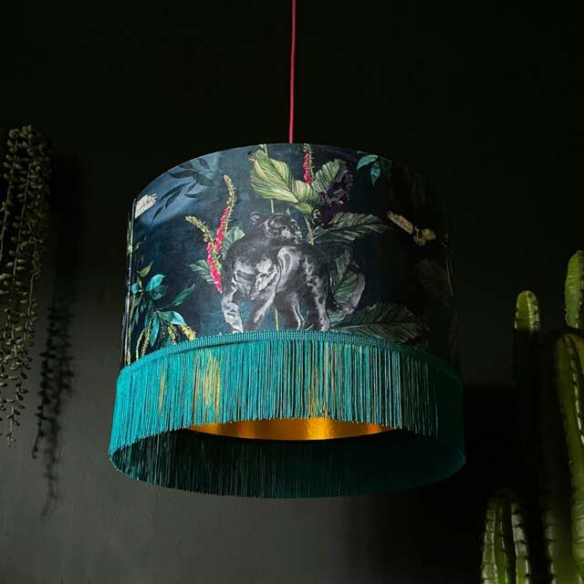 "Rackhams Handmade Fringed Velvet Lampshade with Gold Lining in Twilight - Ceiling Pendant / Arc Lamp - 70cm diameter x 25cm Height (27"" x 10"")" - image 1