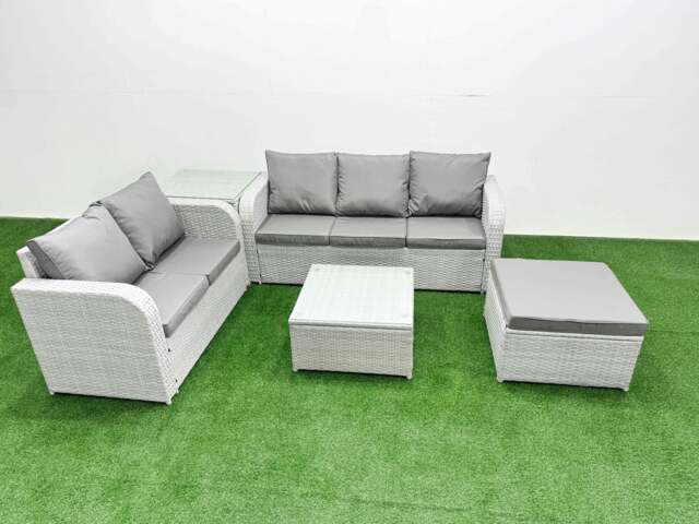 Rackhams 6 Seater Rattan Garden Furniture Patio Conservatory Sofa Set with Square Coffee Table 3 Seater Sofa Love Sofa Big Footstool Side Table - image 1