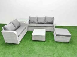 Rackhams 6 Seater Rattan Garden Furniture Patio Conservatory Sofa Set with Square Coffee Table 3 Seater Sofa Love Sofa Big Footstool Side Table - thumbnail 1