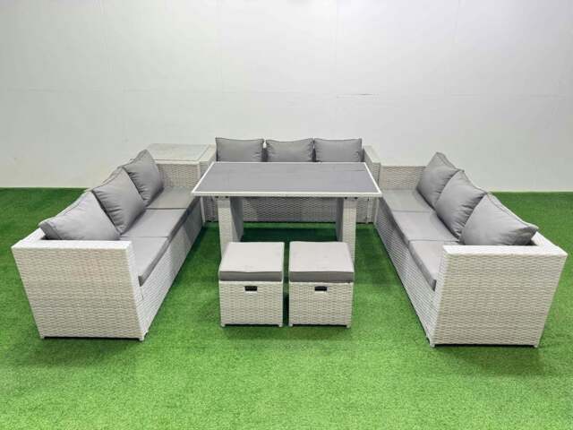 Rackhams Patio Outdoor Garden Furniture Sets with Black Glass Top Dining Table 3 Seater Sofa Side Table 2 Small Stool Light Grey - image 1