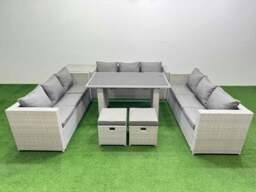 Rackhams Patio Outdoor Garden Furniture Sets with Black Glass Top Dining Table 3 Seater Sofa Side Table 2 Small Stool Light Grey - thumbnail 1