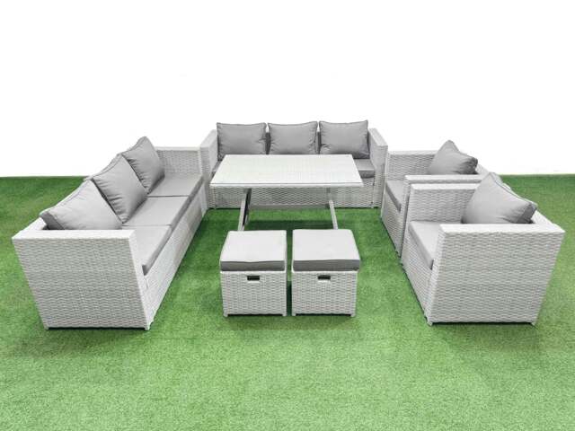 Rackhams 10 Seater Garden Furniture Set PE Rattan Garden Sofa Set with Rectangular Dining Table 2 Small Stools Light Grey - image 1