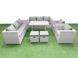 Rackhams 10 Seater Garden Furniture Set PE Rattan Garden Sofa Set with Rectangular Dining Table 2 Small Stools Light Grey - thumbnail 1