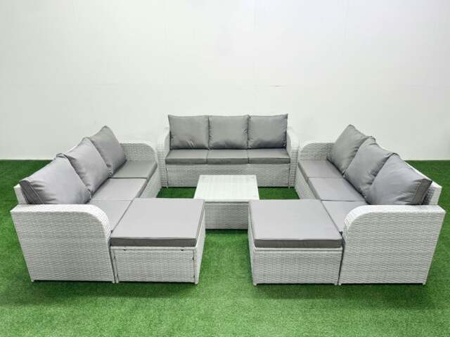 Rackhams PE Rattan Lounge Sofa Set 11 Seater Outdoor Garden Furniture Set with Square Coffee Table 3 Seater Sofa 2 Big Footstools Light Grey - image 1