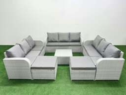 Rackhams PE Rattan Lounge Sofa Set 11 Seater Outdoor Garden Furniture Set with Square Coffee Table 3 Seater Sofa 2 Big Footstools Light Grey - thumbnail 1