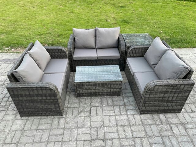 Rackhams Outdoor Garden Furniture Sets 6 Seater Wicker Rattan Furniture Sofa Sets with Rectangular Coffee Table Love Sofa Side Table Dark Grey Mixed - image 1