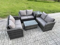 Rackhams Outdoor Garden Furniture Sets 6 Seater Wicker Rattan Furniture Sofa Sets with Rectangular Coffee Table Love Sofa Side Table Dark Grey Mixed - thumbnail 2