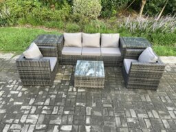 Rackhams Wicker 6 Pieces Rattan Garden Furniture Sofa Set with Armchair 2 Side Tables Square Coffee Table Dark Grey Mixed - thumbnail 2
