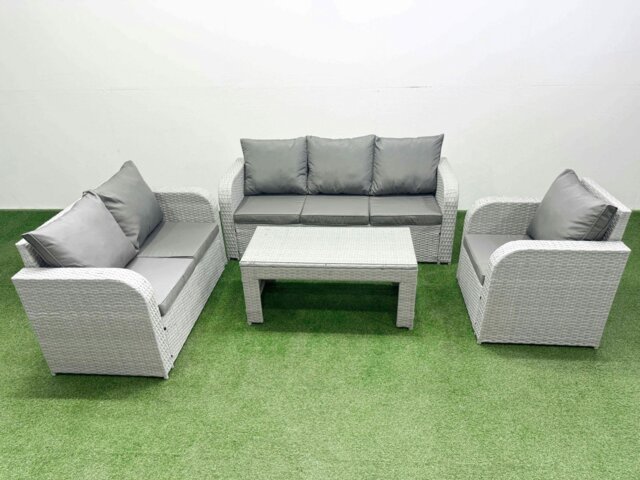Rackhams Patio PE Wicker 6 Seater Outdoor Rattan Furniture Sofa Sets with Oblong Coffee Table Reclining Chair Loveseat Sofa 3 Seater Sofa Light Grey - image 1