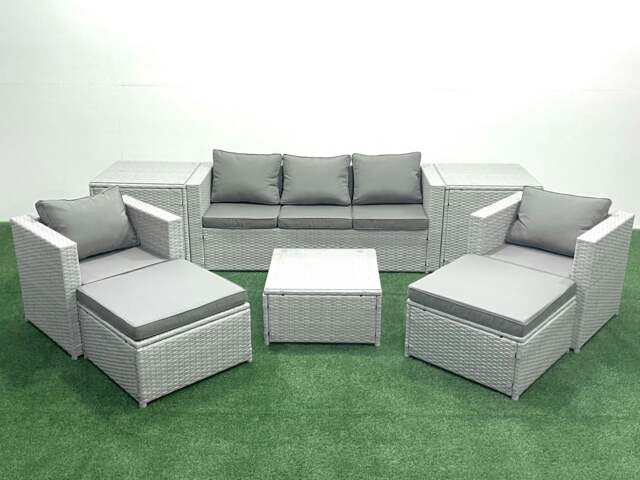 Rackhams 7 Seater Rattan Garden Furniture Set with 3 Seater Sofa 2 Chair Square Coffee Table 2 Big Footstools 2 Side Tables Light Grey Mixed - image 1