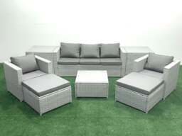 Rackhams 7 Seater Rattan Garden Furniture Set with 3 Seater Sofa 2 Chair Square Coffee Table 2 Big Footstools 2 Side Tables Light Grey Mixed - thumbnail 1