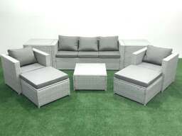 Rackhams 7 Seater Rattan Garden Furniture Set with 3 Seater Sofa 2 Chair Square Coffee Table 2 Big Footstools 2 Side Tables Light Grey Mixed - thumbnail 2
