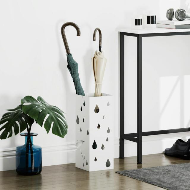 Rackhams Metal Umbrella Stand, Square Umbrella Basket with 4 Hooks Drip Tray Black - White - image 1