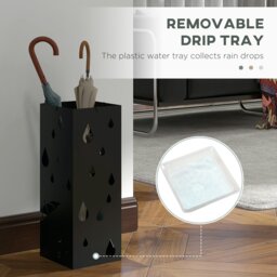Rackhams Metal Umbrella Stand, Square Umbrella Basket with 4 Hooks Drip Tray Black - White - thumbnail 5