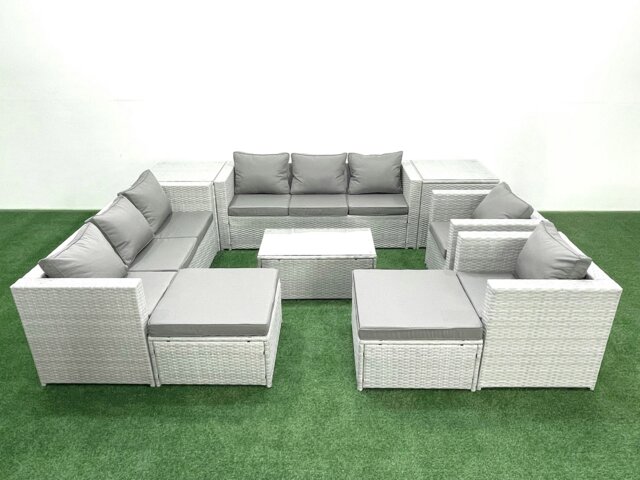 Rackhams Outdoor Rattan Sofa Garden Furniture Set with 2 Armchairs Oblong Coffee Table 2 Big Footstools 2 Side Tables Light Grey Mixed - image 1
