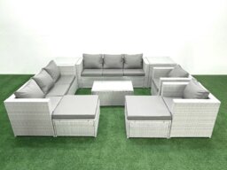 Rackhams Outdoor Rattan Sofa Garden Furniture Set with 2 Armchairs Oblong Coffee Table 2 Big Footstools 2 Side Tables Light Grey Mixed - thumbnail 1