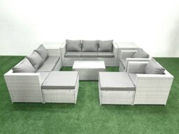 Rackhams Outdoor Rattan Sofa Garden Furniture Set with 2 Armchairs Oblong Coffee Table 2 Big Footstools 2 Side Tables Light Grey Mixed - thumbnail 2
