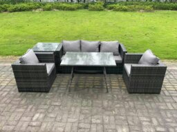 Rackhams 5 Seater Wicker Rattan Outdoor Furniture Garden Dining Set with Sofa Oblong Dining Table Armchairs Side Table Dark Grey Mixed - thumbnail 2