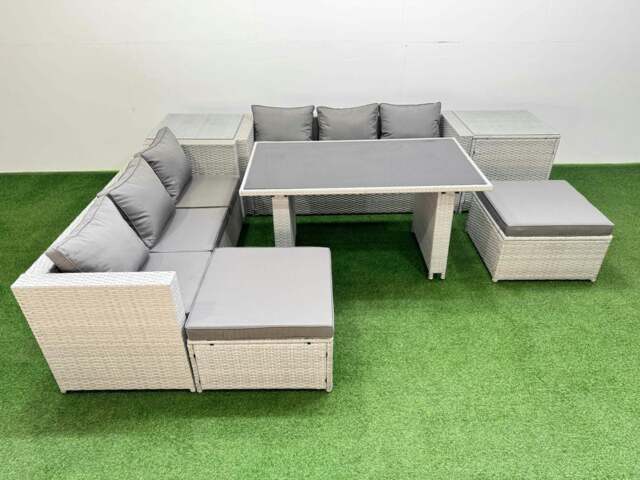 Rackhams Rattan Garden Furniture Dining Set 8 seater Patio Rectangular Table Sofa Set with 2 Side Tables 2 Big Stools Light Grey - image 1
