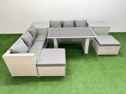 Rackhams Rattan Garden Furniture Dining Set 8 seater Patio Rectangular Table Sofa Set with 2 Side Tables 2 Big Stools Light Grey - thumbnail 1