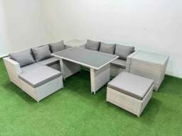 Rackhams Rattan Garden Furniture Dining Set 8 seater Patio Rectangular Table Sofa Set with 2 Side Tables 2 Big Stools Light Grey - thumbnail 2