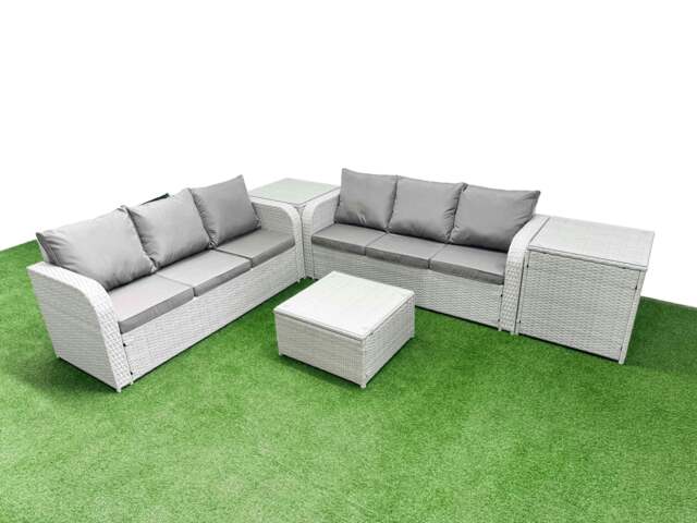 Rackhams Outdoor Garden Furniture Sets 6 Seater Wicker Rattan Furniture Sofa Sets with Square Coffee Table high Back Lounge Sofa 2 Side Table Light Grey - image 1