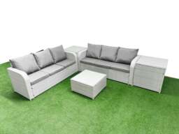Rackhams Outdoor Garden Furniture Sets 6 Seater Wicker Rattan Furniture Sofa Sets with Square Coffee Table high Back Lounge Sofa 2 Side Table Light Grey