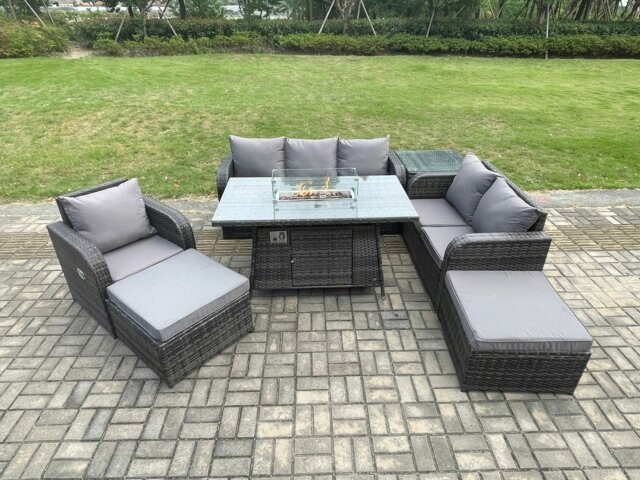 Rackhams Garden Patio Furniture Wicker Rattan Gas Fire Pit Table and Sofa Chair set with Side Tables 2 Big Footstool - image 1