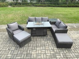 Rackhams Garden Patio Furniture Wicker Rattan Gas Fire Pit Table and Sofa Chair set with Side Tables 2 Big Footstool - thumbnail 1