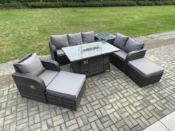 Rackhams Garden Patio Furniture Wicker Rattan Gas Fire Pit Table and Sofa Chair set with Side Tables 2 Big Footstool - thumbnail 2