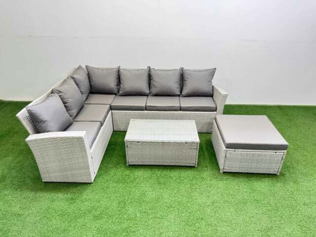 Rackhams 7 Seater Garden Outdoor PE Rattan Furniture Set Rattan Garden Sofa Set with Oblong Coffee Table Light Grey Mixed - image 1