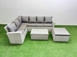 Rackhams 7 Seater Garden Outdoor PE Rattan Furniture Set Rattan Garden Sofa Set with Oblong Coffee Table Light Grey Mixed - thumbnail 1