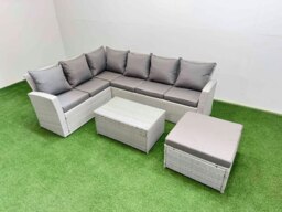 Rackhams 7 Seater Garden Outdoor PE Rattan Furniture Set Rattan Garden Sofa Set with Oblong Coffee Table Light Grey Mixed - thumbnail 2