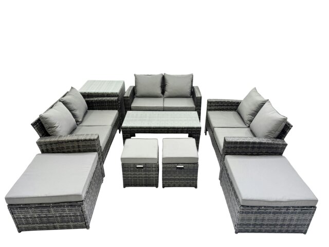 Rackhams Outdoor Love Sofa Set 10 Seat Rattan Garden Furniture Set with Oblong Coffee Table 4 Stools Side Table Dark Grey Mixed - image 1