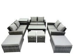 Rackhams Outdoor Love Sofa Set 10 Seat Rattan Garden Furniture Set with Oblong Coffee Table 4 Stools Side Table Dark Grey Mixed - thumbnail 1