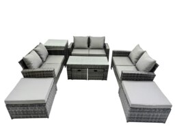 Rackhams Outdoor Love Sofa Set 10 Seat Rattan Garden Furniture Set with Oblong Coffee Table 4 Stools Side Table Dark Grey Mixed - thumbnail 2