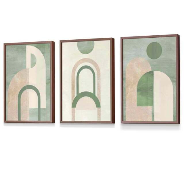 Rackhams Sage Green Boho Arches Set of 3 Framed Wall Art - 50x70cm - Light Walnut - image 1