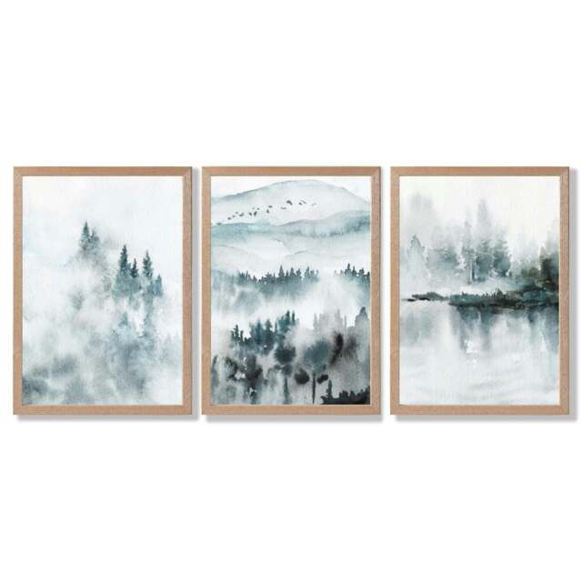 Rackhams Teal Blue Abstract Forest Lake Set of 3 Framed Wall Art - 50x70cm - Light Oak - image 1