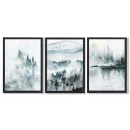 Rackhams Teal Blue Abstract Forest Lake Set of 3 Framed Wall Art - 50x70cm - Light Oak - thumbnail 3