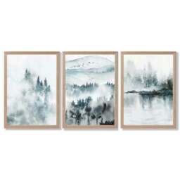 Rackhams Teal Blue Abstract Forest Lake Set of 3 Framed Wall Art - 50x70cm - Light Oak